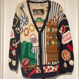 Vintage THE EAGLE's EYE 'Estate Antiques' Cardigan Sweater. Medium. Hand Knit